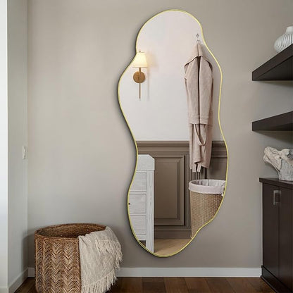 Large Irregular Wall Mirror, 63"x27.2" Asymmetrical Mirror with Gold Metal Frame, Organic Shape Mirror for Living Room Bedroom Hallway Entryway, Horizontal or Vertical Hanging