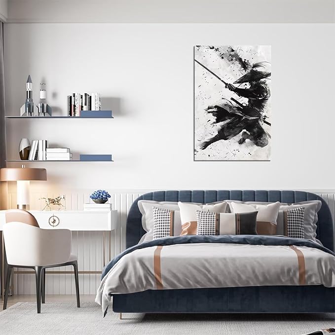Japanese Samurai Wall Art Samurai Figure Sword Warrior Wall Posters Black and White Combat Picture Modern Watercolor Painting for Living Room Office Japan Themed Dorm Man Cave Decor (24''W x 36''H)