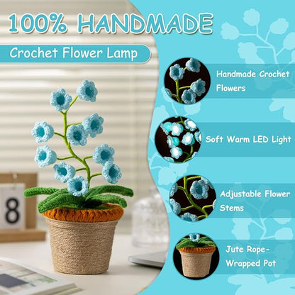 Lily of The Valley Lamp, Blue Crochet Artificial Flowers with Night Lights, Cordless Table Lamp -Birthday Gifts for Women,Cozy Home Decor Mothers Day Gifts