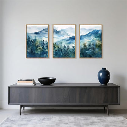 Blue Ridge Mountains Forest Framed Canvas Wall Art Set, Natural Landscape Wall Decor, Green Pine Trees Wall Painting, Woodland Artworks for Living Room, Bedroom, Dining Room-24"x36"x3