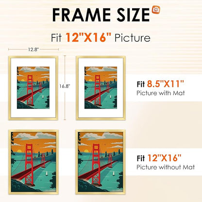 FIXSMITH 12x16 Picture Frame Gold Set of 2, Photo Frame with HD Plexiglass, Display Pictures 8.5x11 with Mat or 11x17 Without Mat, Gold Picture Frames Collage Wall Decor, Gallary Wall Frame