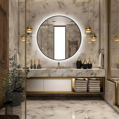 48" Round LED Bathroom Mirror, Wall Mounted Backlit Vanity Mirror with 45° Beveled Frame Lighted Mirror for Bedroom, Fog Free 3-Color Dimmable Lights Memory Function, Black