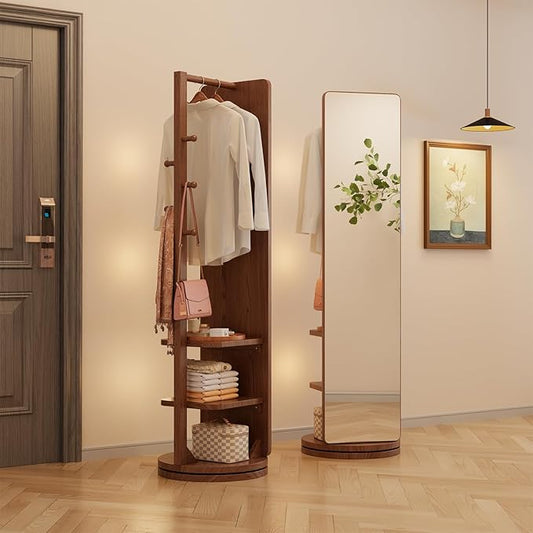WoodsWhisper Full Length Mirror Coat Rack Solid Wood Floor Mirror 70"x16" Full Length Mirror with Stand Long Mirrors for Bedroom,Living Room (Walnut, 70" L x 16" W)