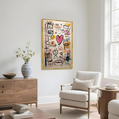 Large Gold Framed Modern Graffiti Wall Art Colorful Abstract Heart Doodle Canvas Poster Beige Textured Pink Love Painting Prints Modern Street Urban Pop Artwork for Bedroom Home Decor 24x36inch