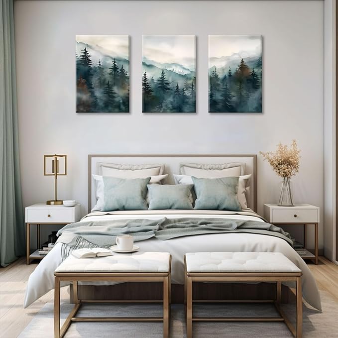 Bwodke Canvas Wall Art Mountain Framed Wall Art Set of 3 Boho Nature Landscape Picture Decor Pine Forest Prints Artwork Painting for Living Room Bedroom Office 16"x24"