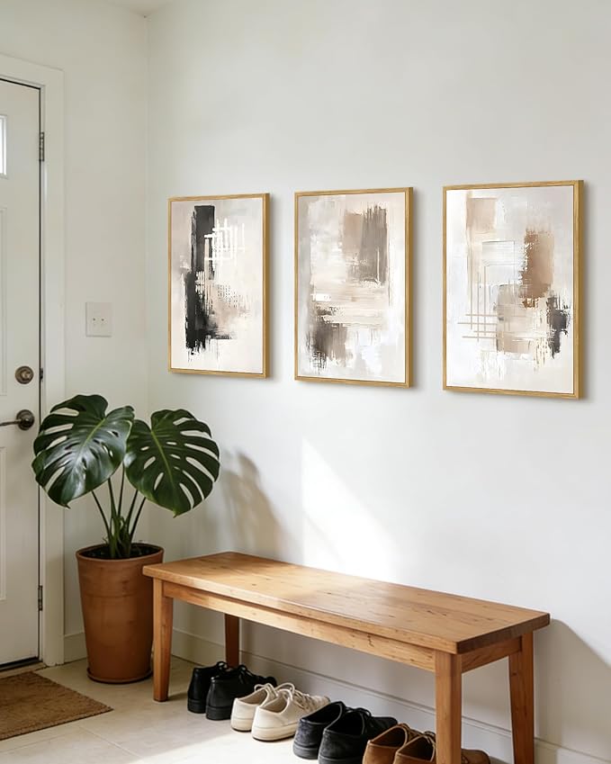 PHOPAGO Modern Abstract Framed Wall Art Mid Century Minimalist Beige Pastel Neutral Wall Decor for Kitchen Hallway - 12x16in Natural Framed