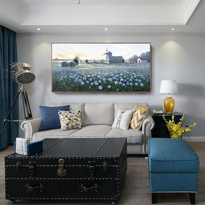 Oversize Framed Modern Wall Art, Natural Landscape Canvas Picture, Blue Rustic Farm Windmill And Floral Artwork For Living Rooms, Bedrooms, Hallways, Balconies, Dining Rooms, And Offices. 58X29 Inches.