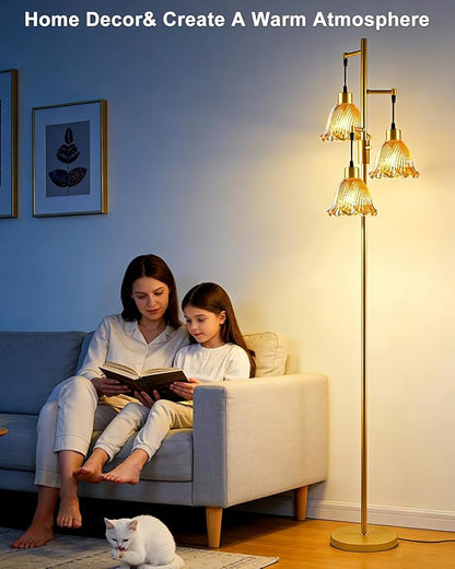 3-Light Modern Glass Floor Lamp, Gold Standing Tall Lamp with Amber Lily Glass Shade for Reading, Dimmable LED Floor Lamp with 5Lbs Heavy Base for Living Room Bedroom Home Decor, Bulb Included
