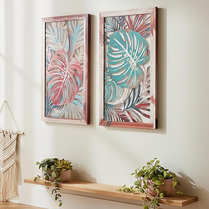2 Pack Metal Leaf Boho Wall Decor, 3D Metal Leaf Tropical Wall Decor, Tropical Palm Leaves Boho Wall Art, Modern Wall Art, Bohemian Room Decoration for Living Room, Bedroom and Bathroom, Housewarming Gift