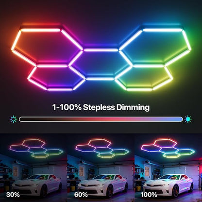 Glitgate RGB Hexagon Garage Lights, LED Hex Lights with App & Remote Control, DIY Modular Honeycomb Lighting System, Music Sync Dimmable Smart Ceiling Light Fixture for Gym, Shop, Gaming Room