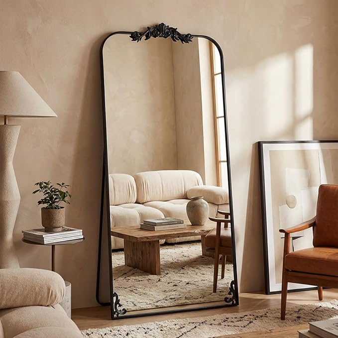 Antok Arched Full Length Mirror, 71"x32" Floor Mirror with Carved, Full Body Mirrors for HomeDecor, Standing/Halling Large Wall Mirror for Bedroom, Living Room, Cloakroom, Black, Luxury Style