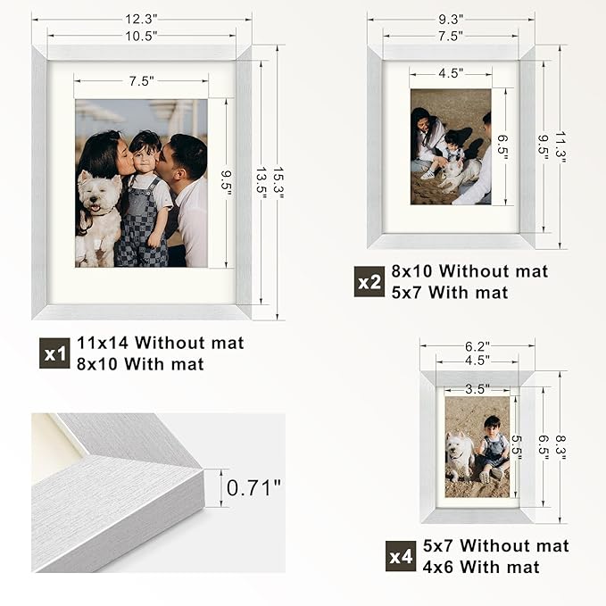 Frametory, Gallery Wall Frame Set of 7 Multiple Sizes 11x14, 8x10, 5x7 Picture Frame Collage with Ivory Color Mat for Prints, with Real Glass (Silver)