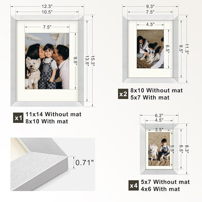 Frametory, Gallery Wall Frame Set of 7 Multiple Sizes 11x14, 8x10, 5x7 Picture Frame Collage with Ivory Color Mat for Prints, with Real Glass (Silver)
