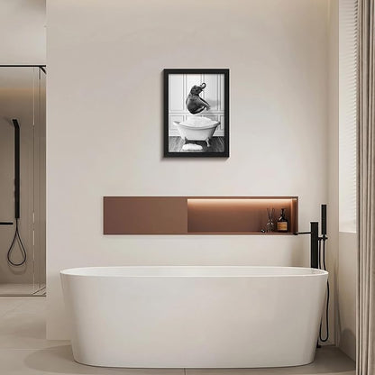 calmart Funny Elephant Bathroom Wall Art - Washing Elephant In Bathtub Pictures for Wall Farmhouse Animal Paintings Please Seat Yourself Sign Framed Artwork Rustic Canvas Print Decor