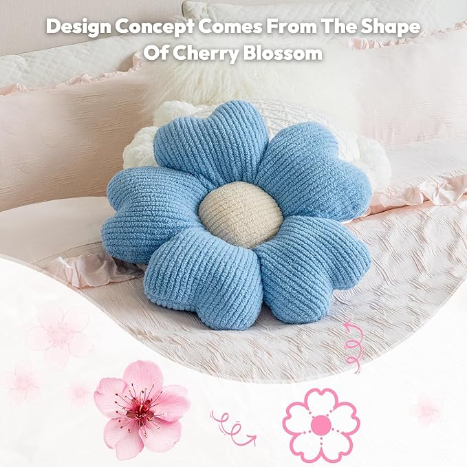 Sioloc Flower Shaped Throw Pillow, Fun Daisy Pillow, 19.7" SkyBlue Cute Decorative Seat Cushion Aesthetic Flower Plush Pillows for Bed Floor Couch Chair