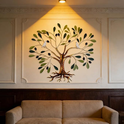 Fangoo Metal Green Olive Tree Metal Wall Art Tree of Life Home Decor with Dove of Peace 22 x 26 Large Olive Branches Lifelike Fruits Wall Hanging for Living Bedroom Garden Porch Office Wall Decor