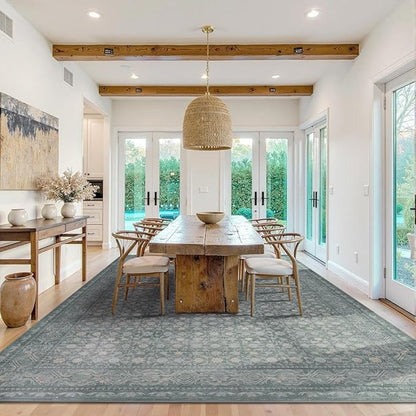 9x12 Washable Area Rug for Living Room, Extra Large Vintage Boho Rugs for Dining Room, Kids Room, Farmhouse, Durable Low Pile Non Slip Carpet for High Traffic Areas, Soft Blue