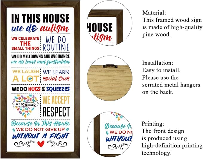 Rustic Autism Awareness Sign, Autism's Room Wall Decor, Autism's Family Home Decor, Wooden Framed Wall Decors, Classroom Decoration, In This House We Do Autism Sign, 15×7.5×0.3 inches