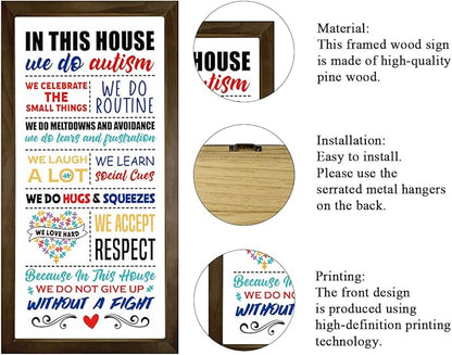 Rustic Autism Awareness Sign, Autism's Room Wall Decor, Autism's Family Home Decor, Wooden Framed Wall Decors, Classroom Decoration, In This House We Do Autism Sign, 15×7.5×0.3 inches