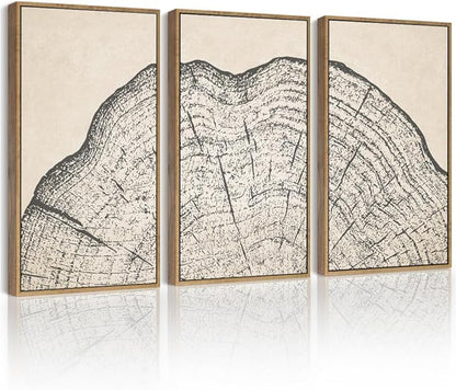 PHOPAGO Farmhouse Vintage Framed Wall Art Large 16x24in Set Gray Wood Tree Ring Spirals Nature Abstract Drawings Rustic Modern Art Decor for Living Room Bedroom - Natural Framed