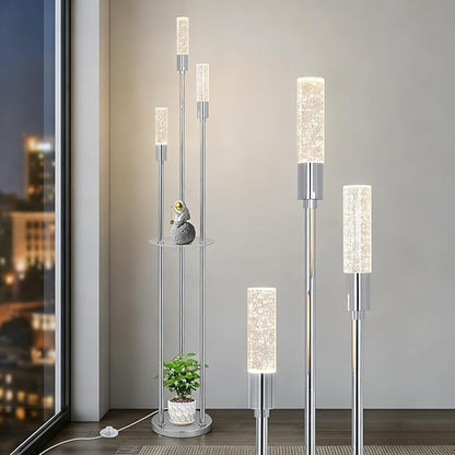 Bubble Crystal Floor Lamp with Shelves, 3 Lights Modern Standing Lamps for Living Room, Built-in LED Lights, Foot Switch, Industrial Tall Corner Floor Lamp for Bedroom Home Office, Silver