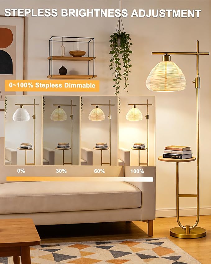 Lightdot Gold Floor Lamp with Table, Modern Standing Lamp Rotary Switch with Shelves, Dimmable Brass Tall Lamps Mid Century Corner Floor Lamp for Living Room, Bedroom, Study, Office - E26 Bulb, 3000K