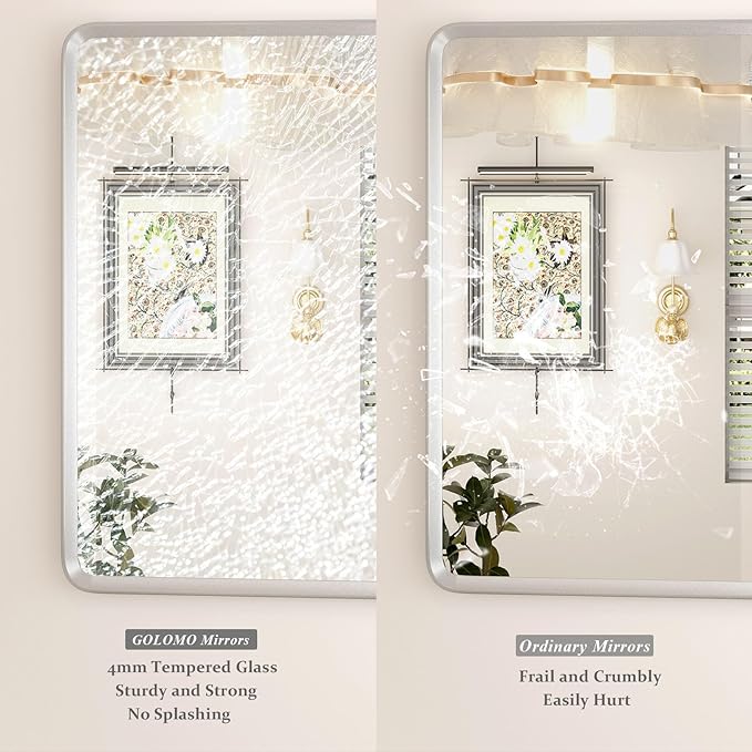 44x36 Inch Silver Framed Mirror, Silver Bathroom Vanity Mirror for Wall, Brushed Nickel, Rounded Rectangle Mirror, Shatterproof, Anti-Rust (Horizontal/Vertical)