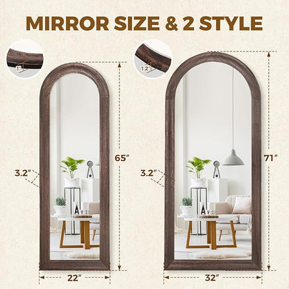 Solid Wood Full Length Mirror - 65"x22" Arched Floor Mirror, Free Standing & Wall Mounted - Elegant Design for Bedroom, Dressing Room, Hallway, Brown