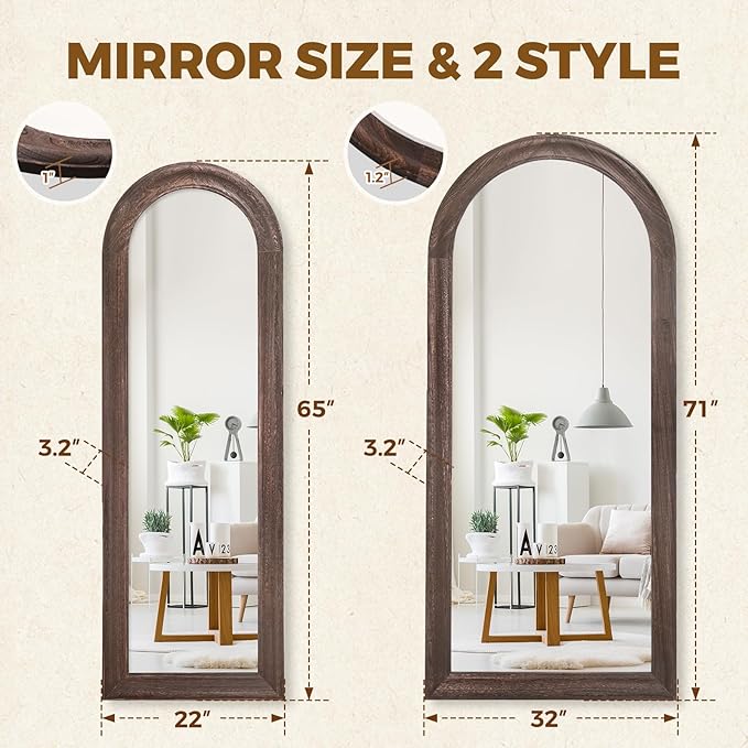 Arched Full Length Mirror 71"x32" - Rustic Brown Solid Wood Wall Mirror, Oversized Leaning or Mounted Design for Bedroom, Entryway, Living Room Décor