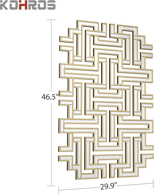 KOHROS Large Modern Gold Wall Mirror - 46.5"x30" Geometric Maze Design Decorative Mirror