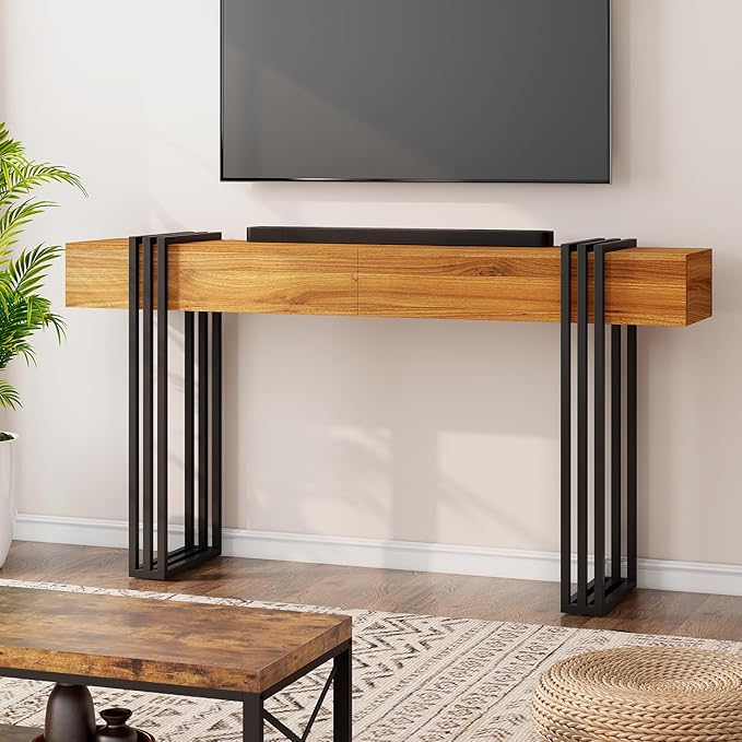 knoworld 63 Inch Long Console Table, Industrial Sofa Table Behind The Couch Rectangular Entryway Table for Entrance Hallway Living Room, Rustic Brown