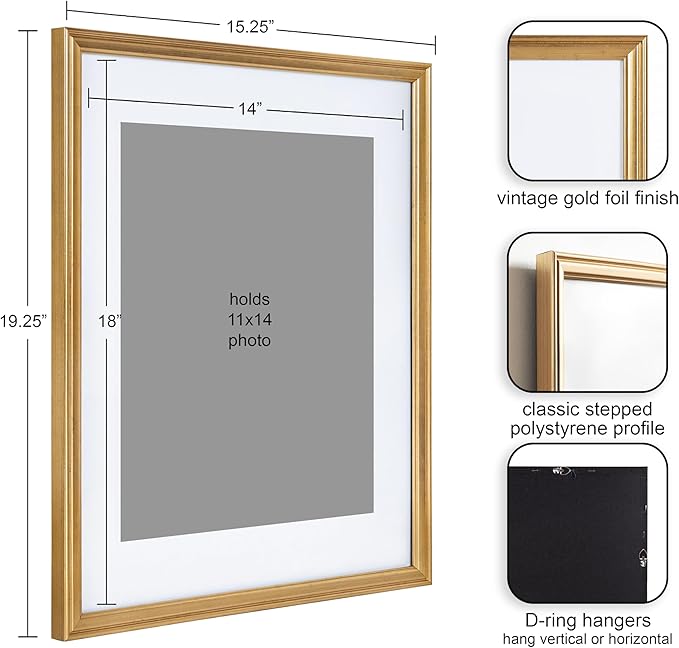 Kate and Laurel Adlynn Wall Picture Frame Set, 14" x 18" matted to 11" x 14", Gold, Set of 3