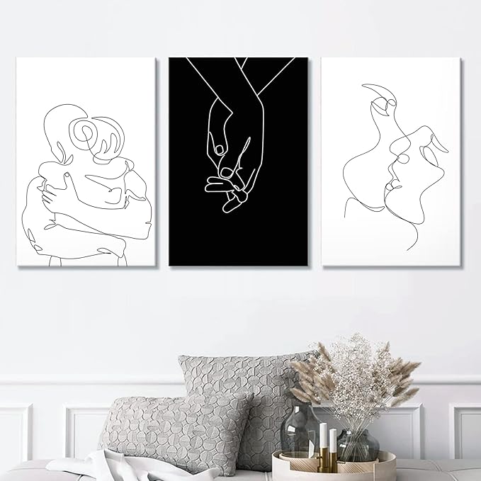 Couples Wall Decor Minimalist Line Wall Art Abstract Love Painting Black and White Line Drawing Art Hug Kiss Holding Poster Prints for Bedroom Bathroom Living Room Wall Decor