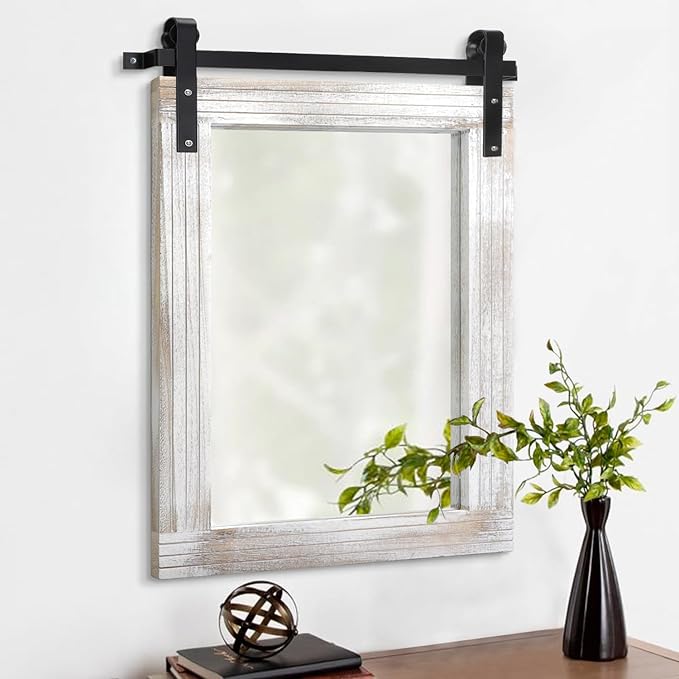 AAZZKANG Wall Mirrors Rustic Barn Door Mirror Large 26"x18" with Wood Framed Rectangle Decorative for Bedroom Bathroom Living Room Entryway Home Decor White