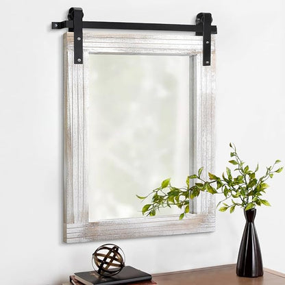 AAZZKANG Wall Mirrors Rustic Barn Door Mirror Large 26"x18" with Wood Framed Rectangle Decorative for Bedroom Bathroom Living Room Entryway Home Decor White
