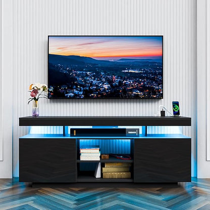 HOMMPA Modern LED TV Stand for 55/50/43/40/32 inch TV with Power Outlets, Gaming TV Consoles with Storage Entertainment Center with LED Lights Game Cabinet for Living Room Black