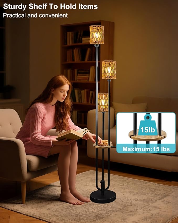 63IN Dimmable Floor Lamp with Shelf, Black Rattan Tall Standing Lamps Candle Holder Style, 3000K Warmwhite Mid Century Modern Floor Lamp with 5Lbs Heavy Base for Living Room (Bulbs Included)