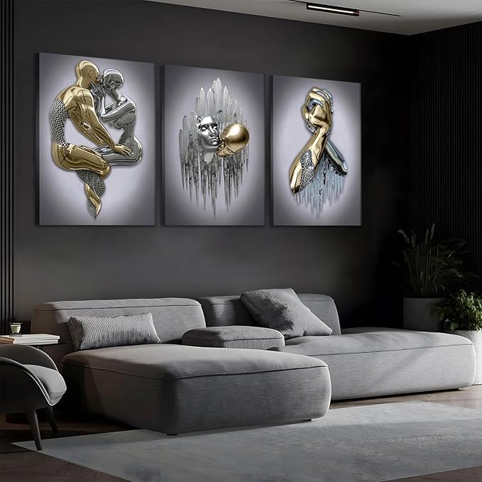 Modern Bedroom Wall Art Set of 3-3D Metal Effect Couple Canvas Paintings Wall Decor, Abstract Figure Statue Art Prints for Living Room Home Decor - 12x16in Framed