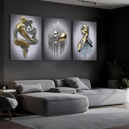 Modern Bedroom Wall Art Set of 3-3D Metal Effect Couple Canvas Paintings Wall Decor, Abstract Figure Statue Art Prints for Living Room Home Decor - 12x16in Framed