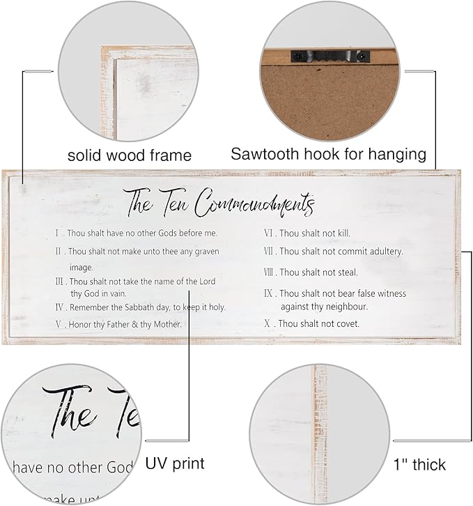 The Ten Commandments Rustic Bible Verse Framed Wall Sign For Family Living Room Kitchen Farmhouse Dining Room Vintage Boho Wall Art Decoration For God Jesus Christ Prayer, 40 x 15 Inch, White