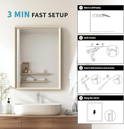 Oak Wood Effect Framed Wall Mirror, 32x40 Rectangle Mirror, Anti-desilvering Tempered Glass, Sustainable& Sturdy Frame, Farmhouse Mirror, Anti-Rust, 3min Fast Setup for Bathroom Living Room