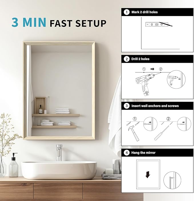 Oak Wood Effect Framed Wall Mirror, 36x40 Rectangle Mirror, Anti-desilvering Tempered Glass, Sustainable& Sturdy Frame, Farmhouse Mirror, Anti-Rust, 3min Fast Setup for Bathroom Living Room