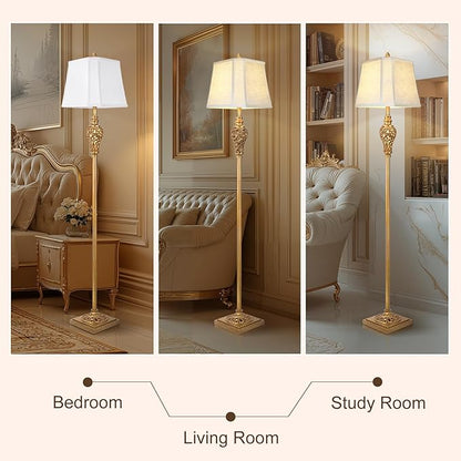 Vintage Farmhouse Floor Lamp with Nightlight, 65" Tall Standing Lamp with White Linen Fabric Shade, Antique Gold Finish, Elegant Reading Corner Light for Living Room, Bedroom, Office (Bulb Included)