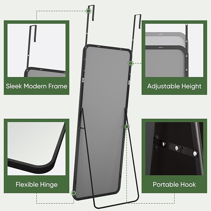 Suidia Full Length Mirror Over the Door&Wall Mounted, 48"x14" Door Mirror with Aluminum Alloy Frame, HD Shatterproof, No-Drill, Hanging Mirrors for Bedroom, Bathroom, Dorm, Closet, Rounded Rect, Black