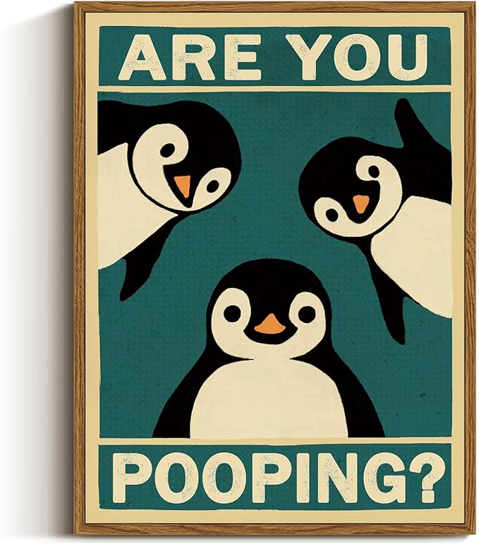 VIYYIEA Framed Canvas Wall Art Home Decor Penguin Probe Canvas Prints, Vintage Home Decoration, Animals Painting Picture, Bathroom Wall Decor Gifts for Friends or Family - 16L x 12W