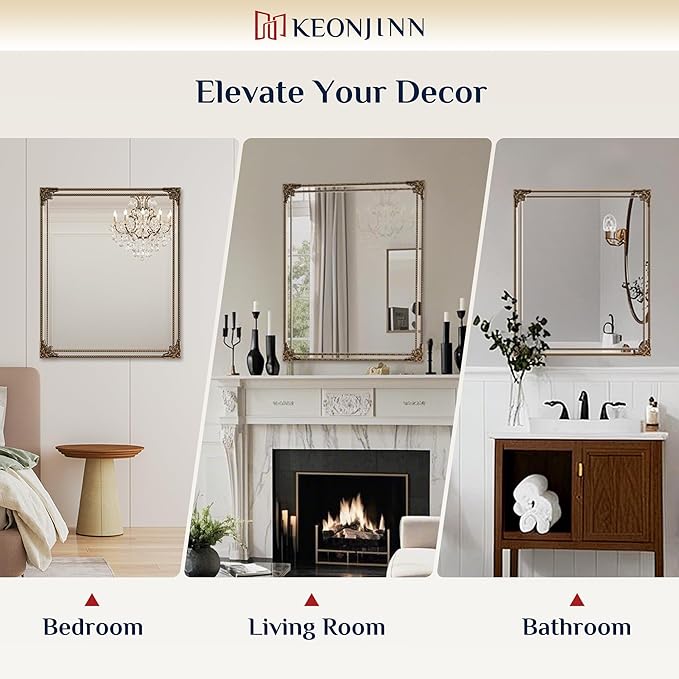 Keonjinn Gold Vintage Mirror 48 x 24 Inch, Antique Mirrors Rectangle, Traditional Mantel Decoration, Baroque Style Wall Decor for Hallway, Fireplace, Entryway, Living Room, Anti-Rust, Waterproof