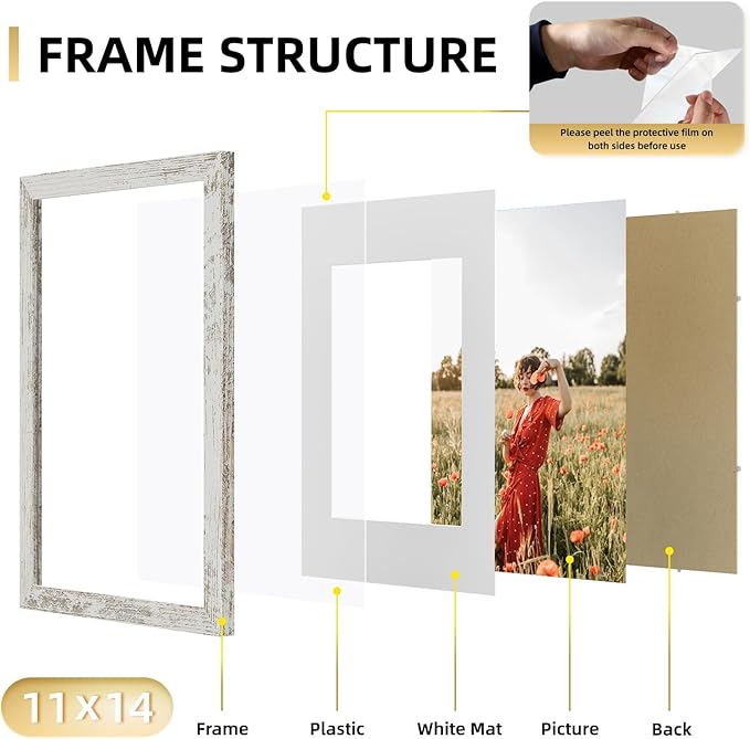 YESKAY 11x14 Picture Frame Set of 9, Photo Gallery Wall Frame Set Display Pictures 8x10 with Mat or 11 x 14 Without Mat, Multi Photo Frames for Wall Mounting or Table Top Display, Distressed White