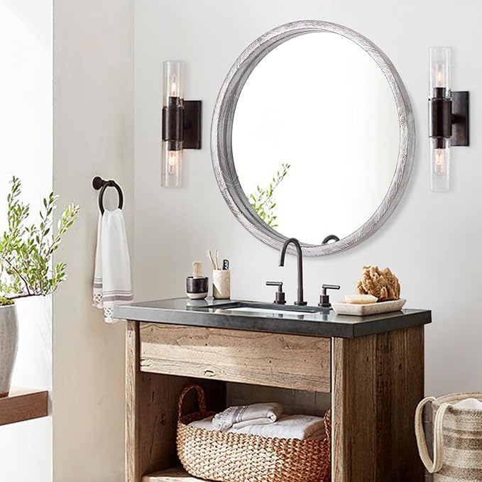 JJUUYOU Large Circle Wall Mirror 20 Inch Rustic White Round Mirror for Bathroom Vanity Wall Mounted Wood Frame Circular Mirror for Living Room, Bedroom, Washroom, Decorative