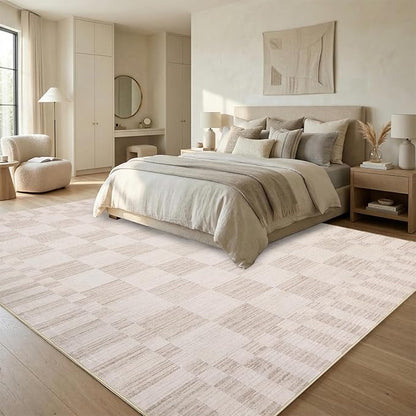 GarveeHome Beige Checkered Rug 5×7 Area Rugs for Living Room，Non-Slip Washable Rug Soft Low-Pile, Neutral Modern Farmhouse Geometric Rugs for Bedroom Dining Room Office