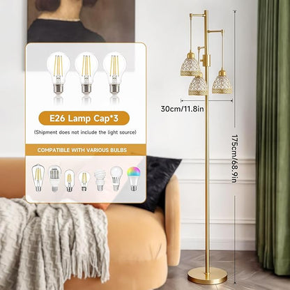 -Modern 3-Head Floor Lamp with Crystal Beads, Industrial Metal Standing Lamp Adjustable Hanging Light for Living Room-Gold